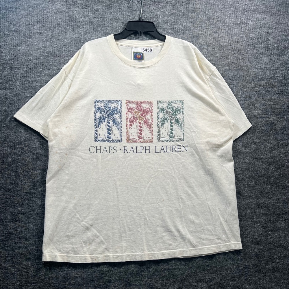 Vintage Chaps Ralph Lauren Palm Tree Graphic T-Shirt XL Cream Made in USA 90s